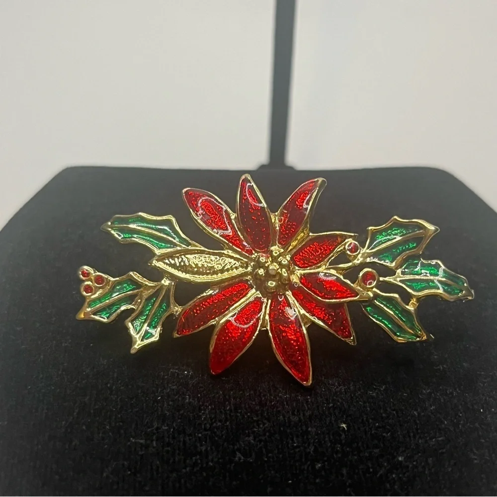 Vintage Festive Red and Green Poinsettia earrings and brooch.
